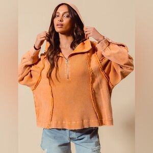 Rust mineral washed waffle thermal raw stitch zip hoodie pullover sweatshirt